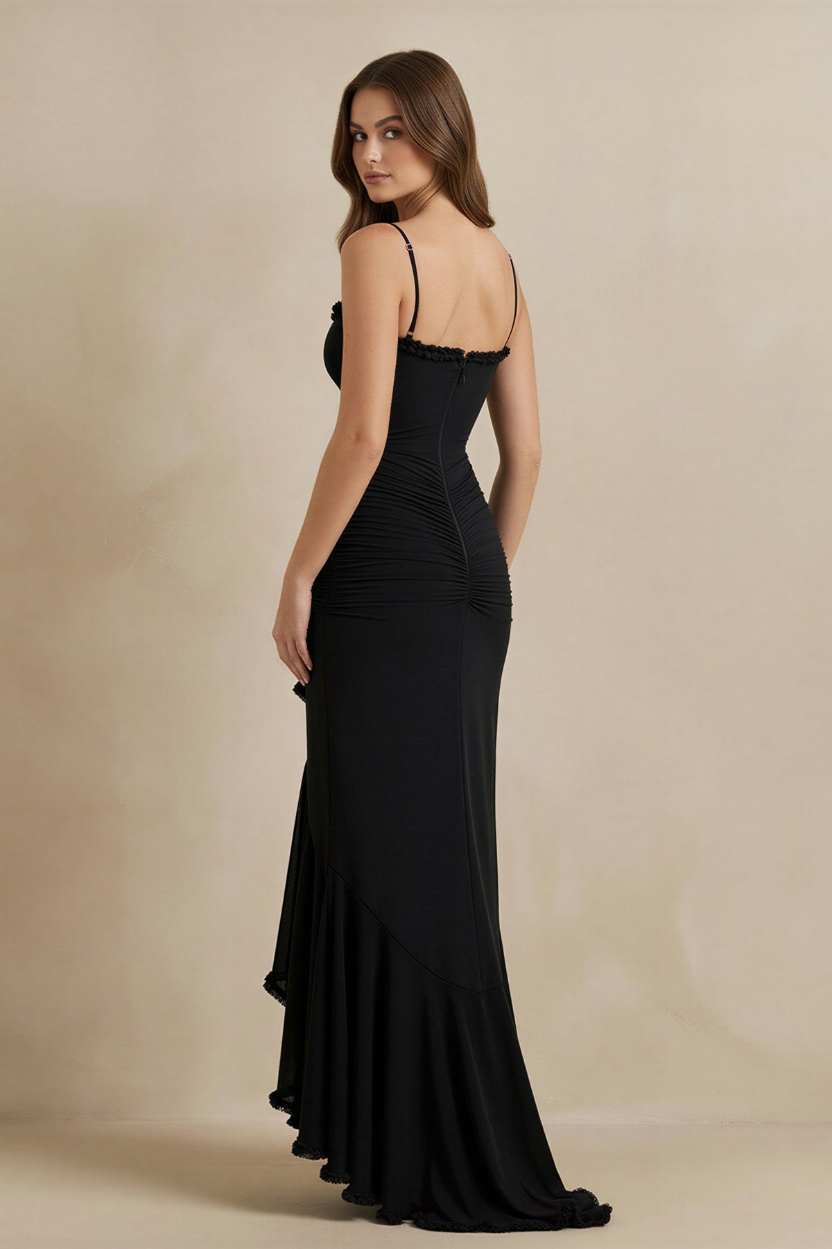 Ruched Maxi Dress With Ruffles in Black