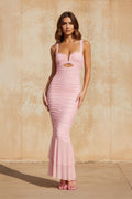 Ruched Mermaid Midi Dress With Tiered Hem in Pink