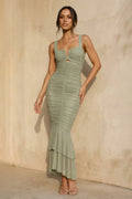 Ruched Mermaid Midi Dress With Tiered Hem in Sage