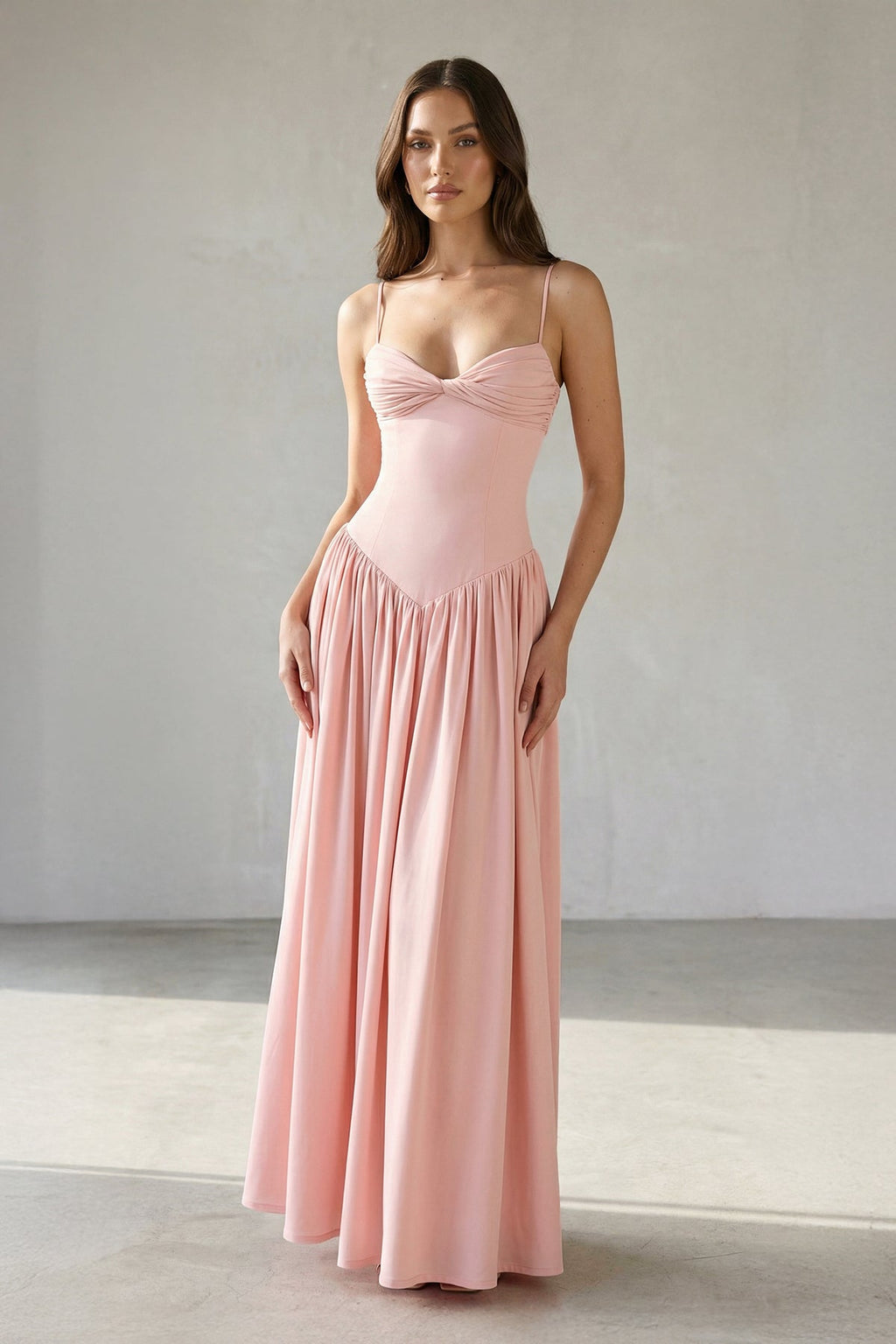 Ruched Spaghetti Straps Maxi Dress in Pink