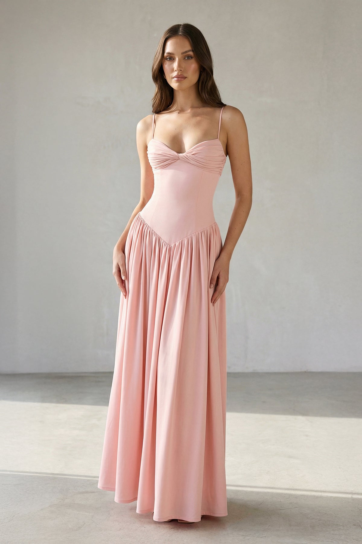 Ruched Spaghetti Straps Maxi Dress in Pink