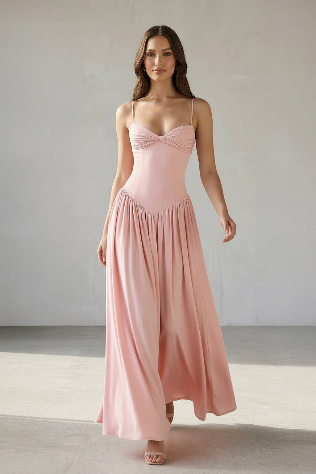 Ruched Spaghetti Straps Maxi Dress in Pink