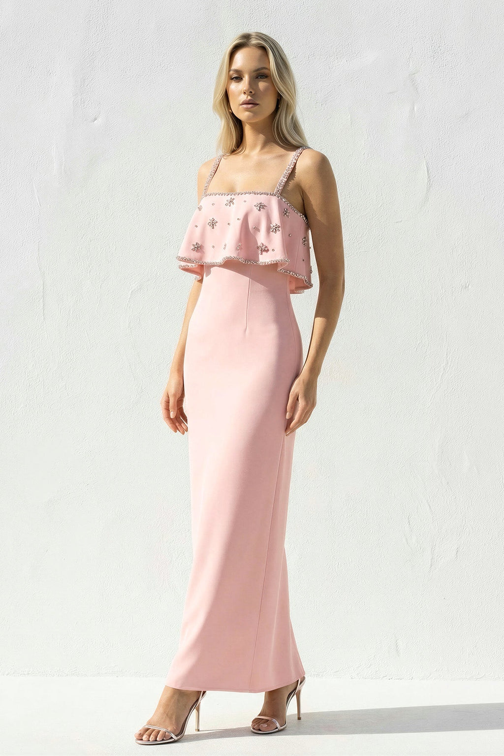 Ruffled Maxi Dress With Beading in Pink