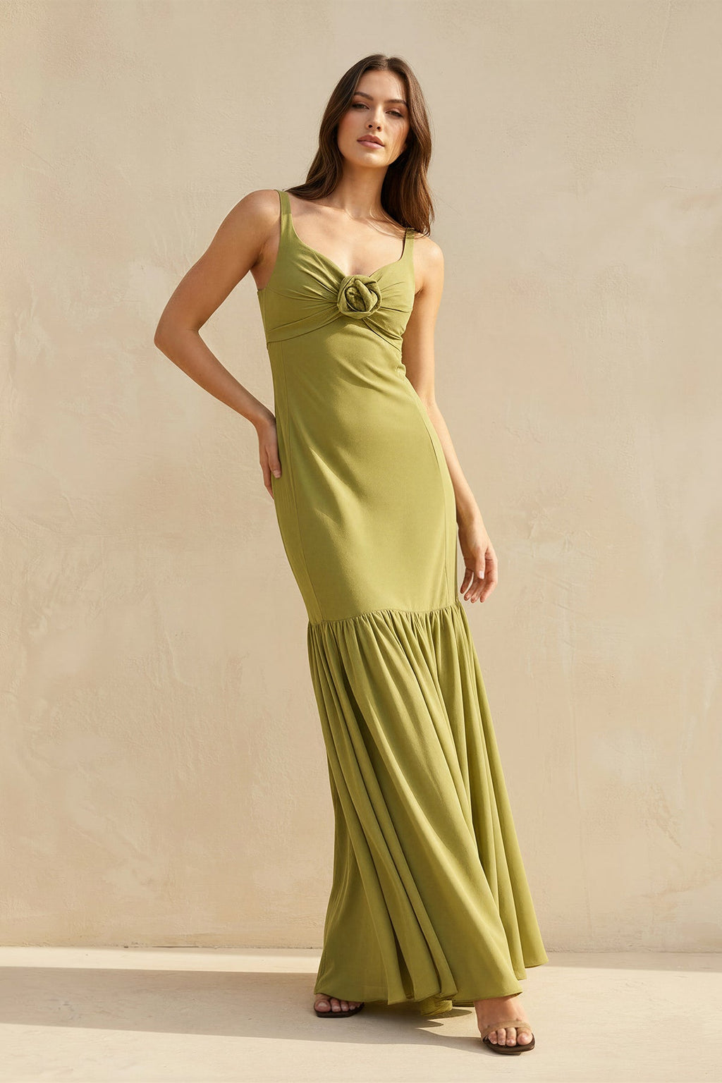Ruffled Maxi Dress With Flower in Olive