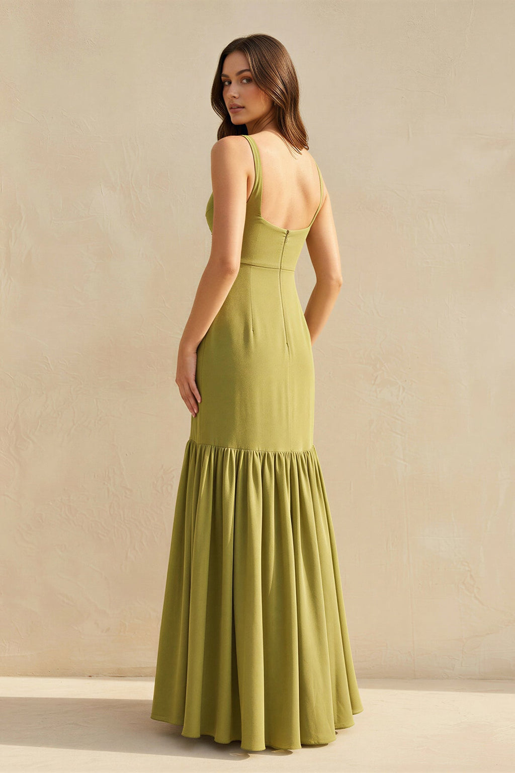 Ruffled Maxi Dress With Flower in Olive