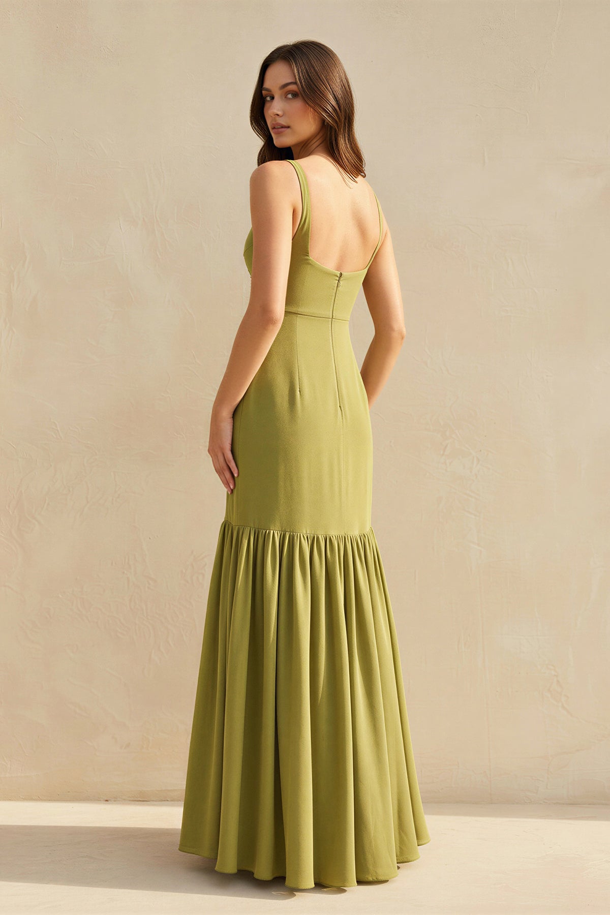 Ruffled Maxi Dress With Flower in Olive