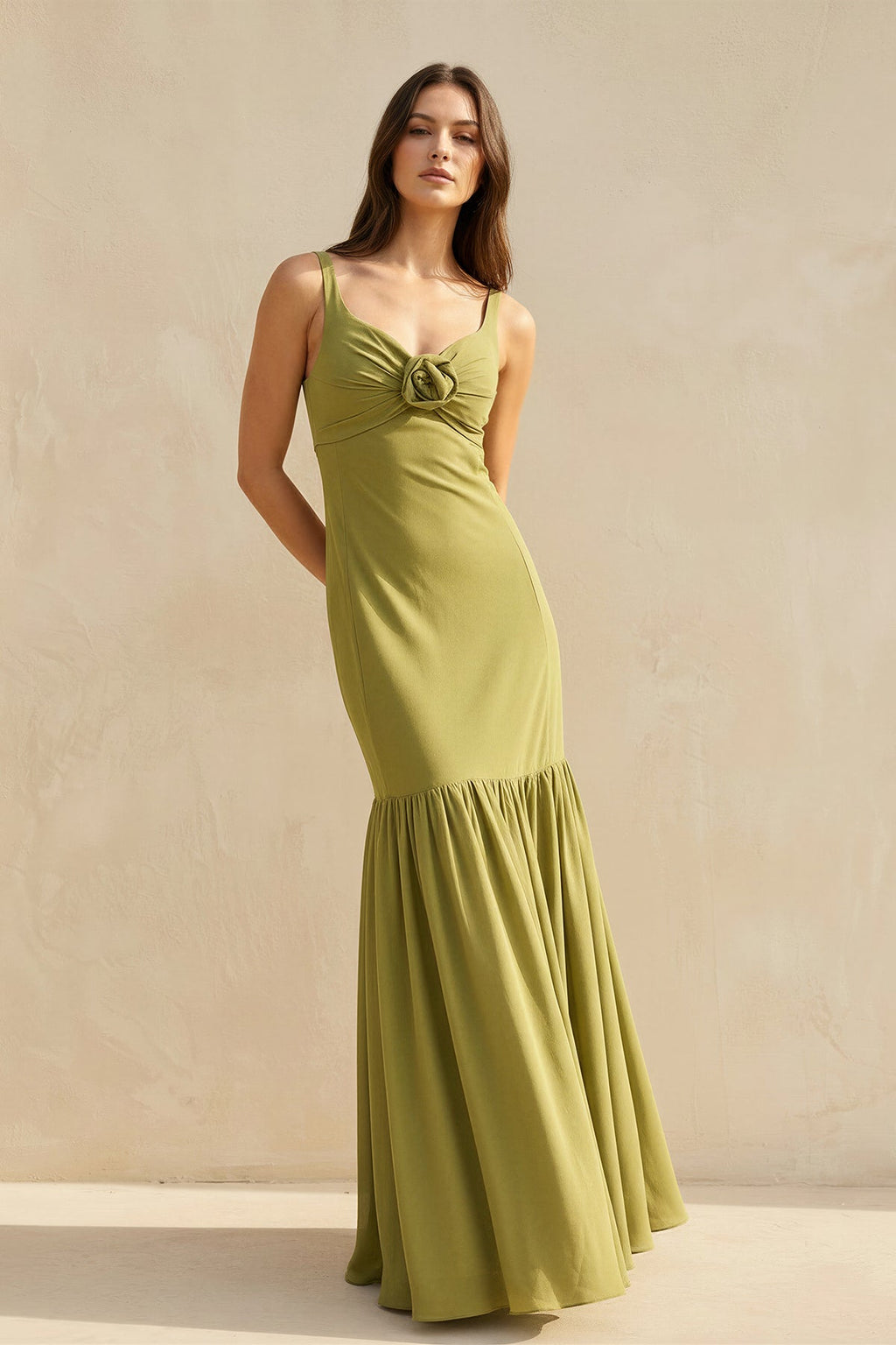 Ruffled Maxi Dress With Flower in Olive