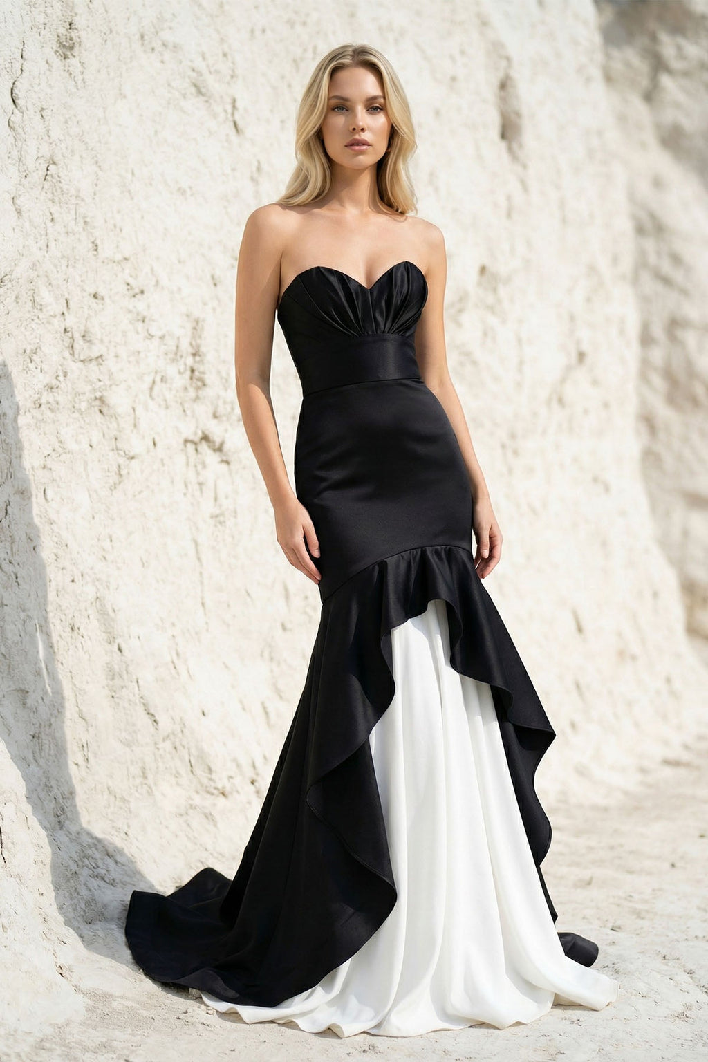 Ruffled Mermaid Prom Gown in Black and White
