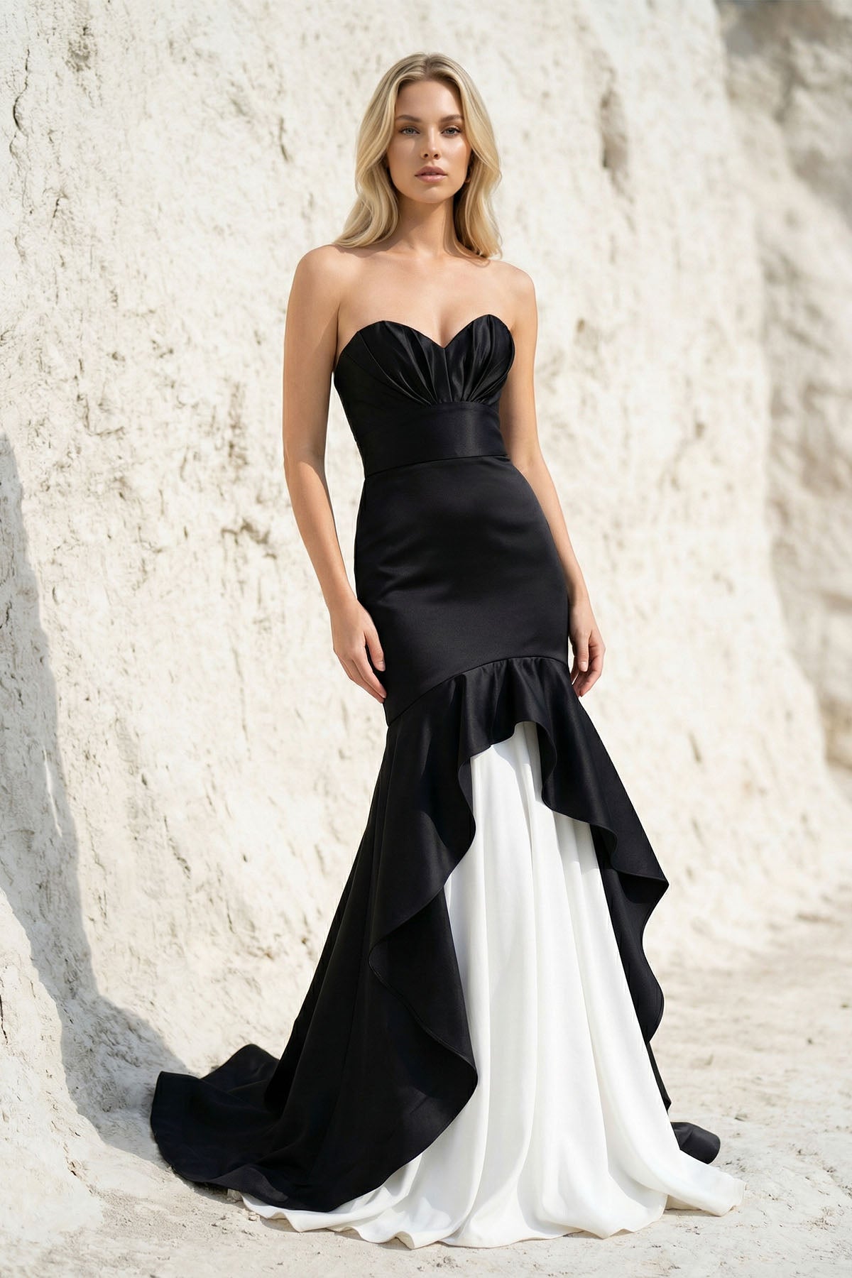 Ruffled Mermaid Prom Gown in Black and White