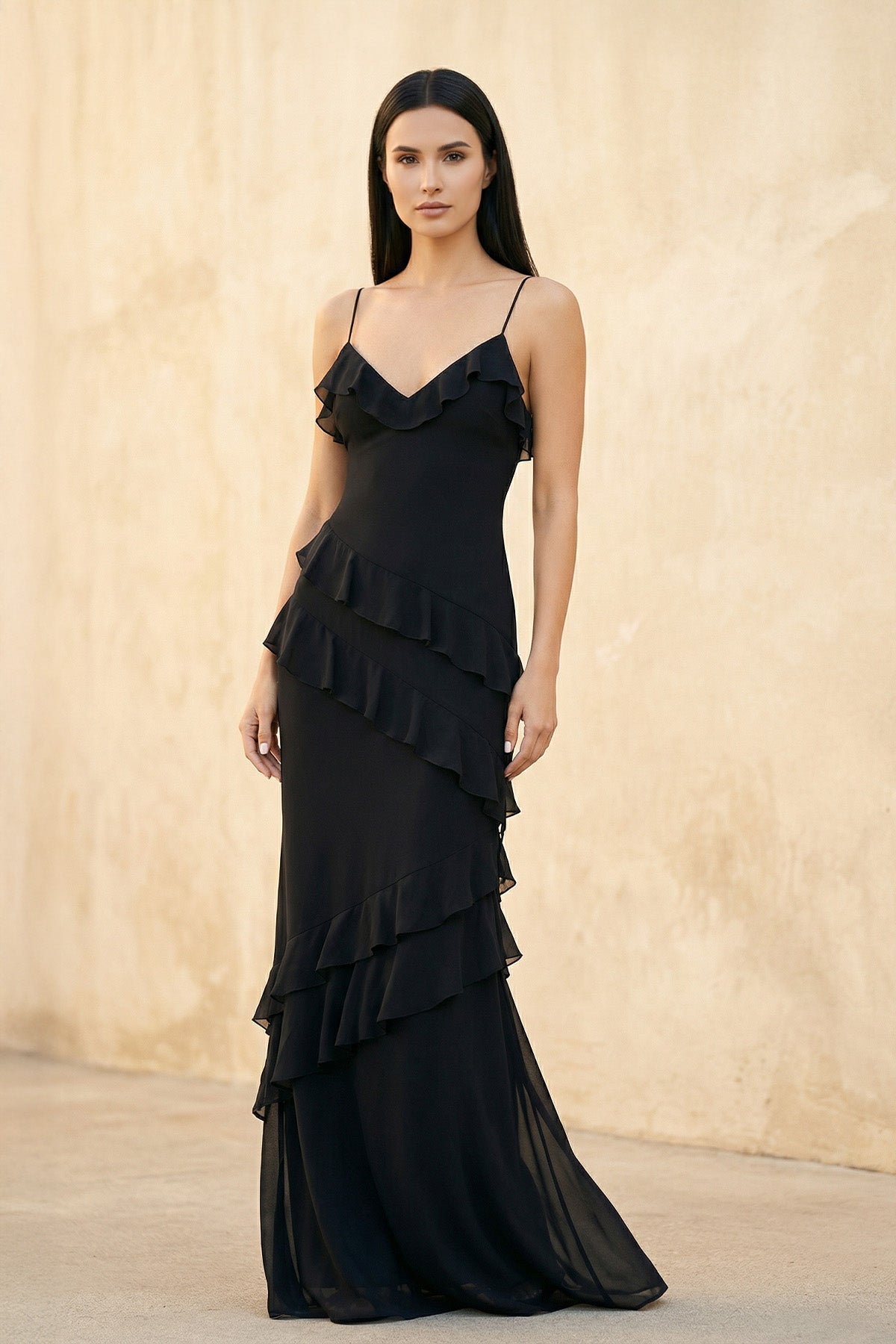 Ruffled Spaghetti Straps Gown in Black