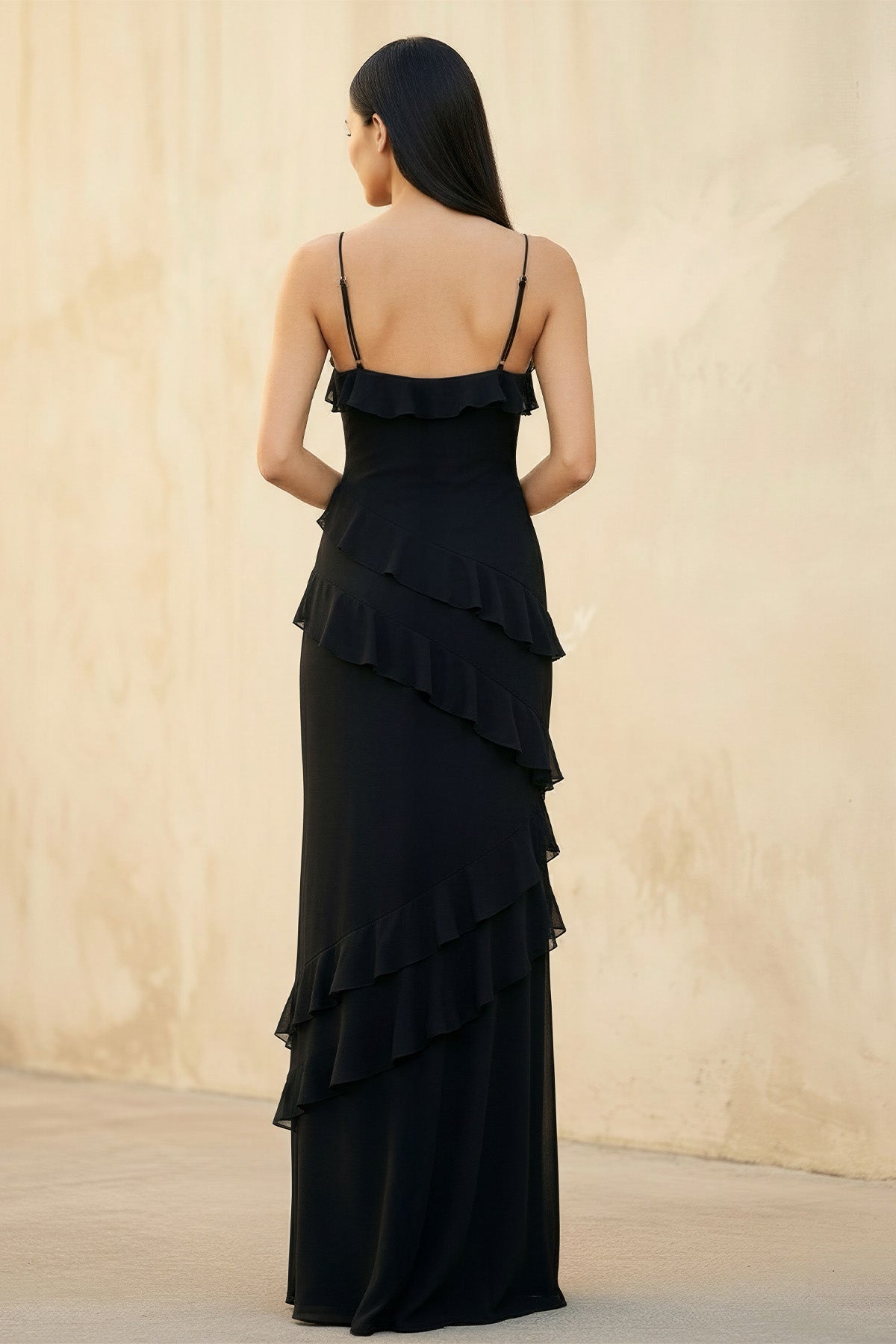 Ruffled Spaghetti Straps Gown in Black