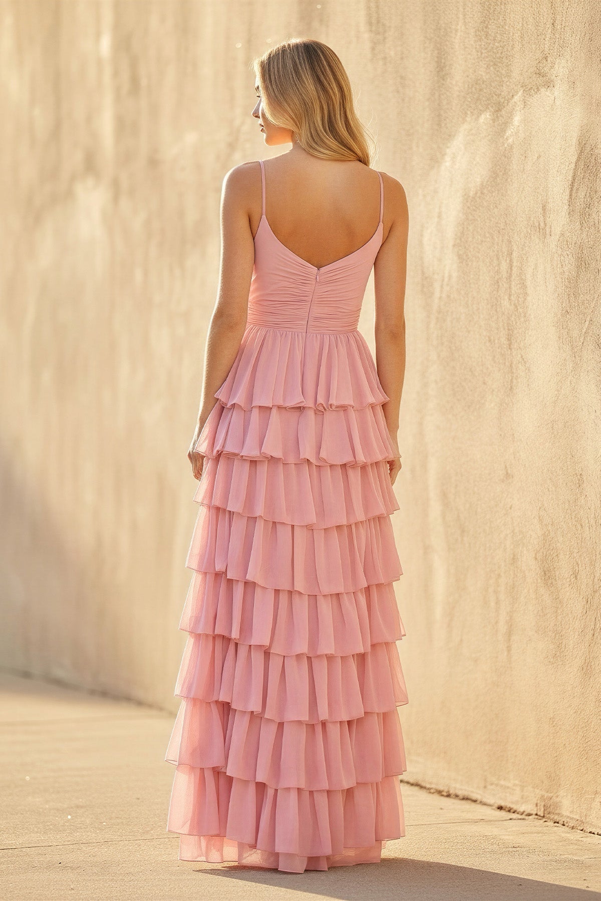 Ruffled Spaghetti Straps Maxi Dress in Pink