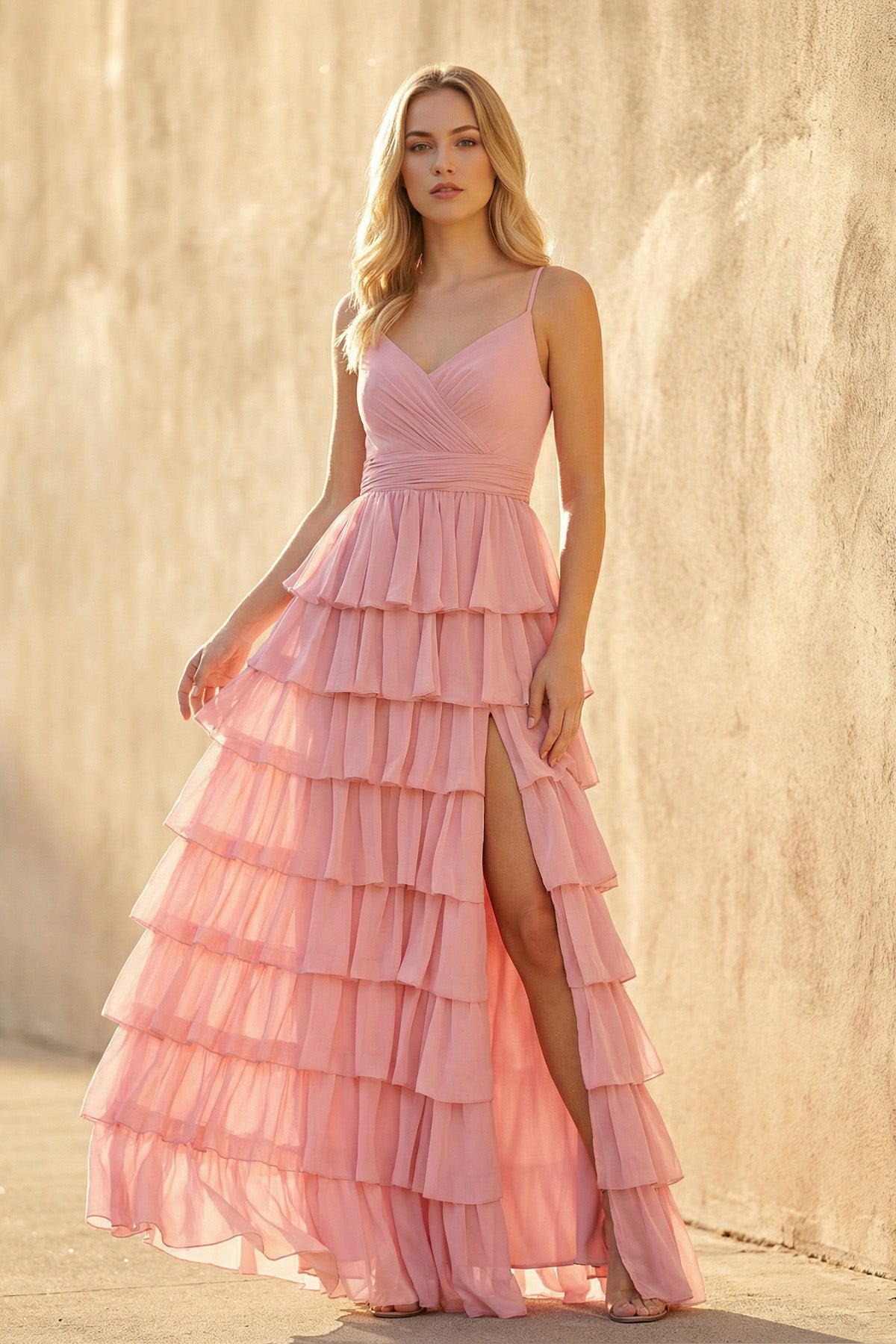 Ruffled Spaghetti Straps Maxi Dress in Pink