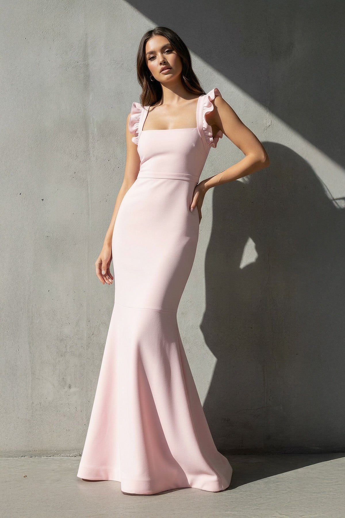 Ruffled Straps Mermaid Gown in Pink