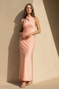 Satin Cowl Neck Midi Dress in Coral Pink
