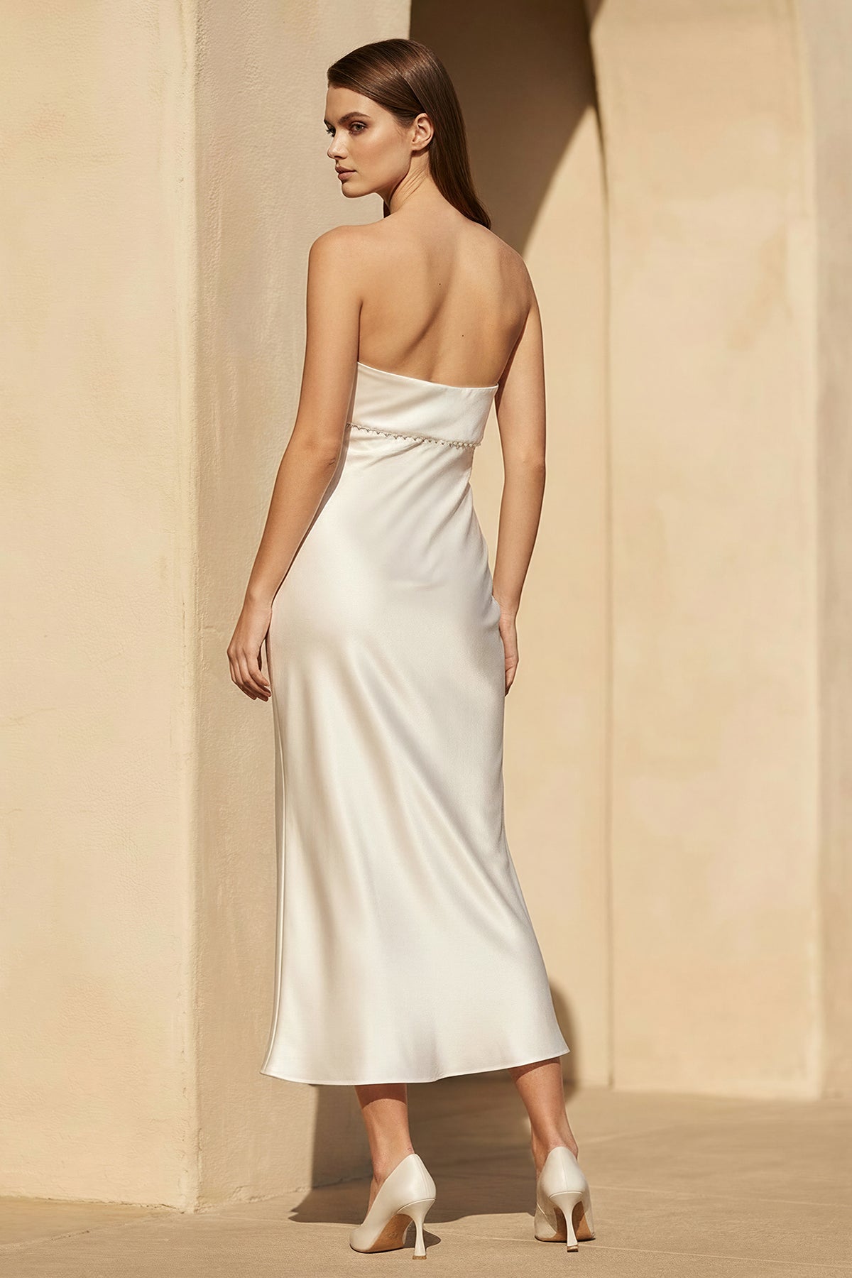 Satin Midi Dress with Lace Trim in Champagne
