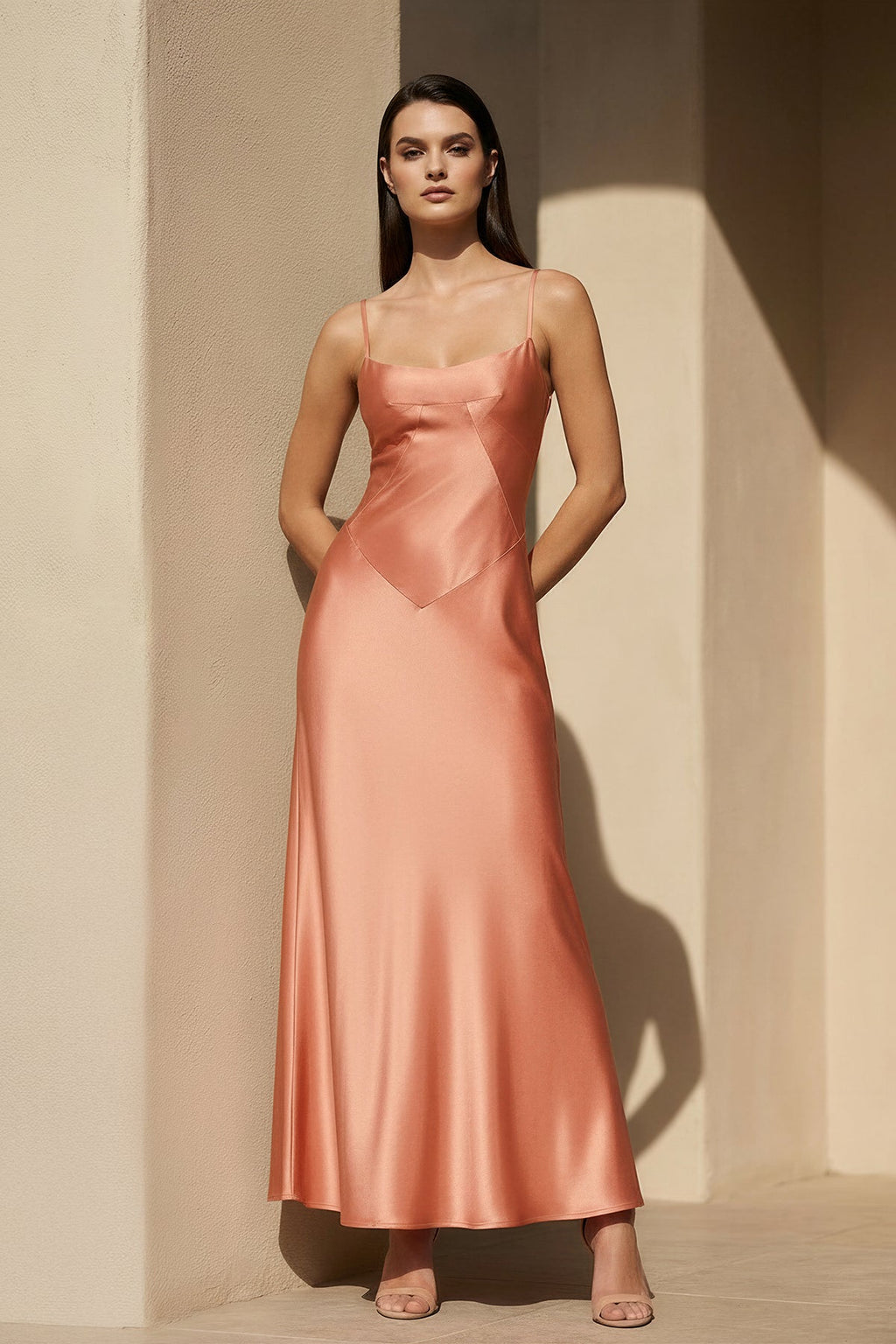 Satin Spaghetti Straps Midi Dress in Coral Pink