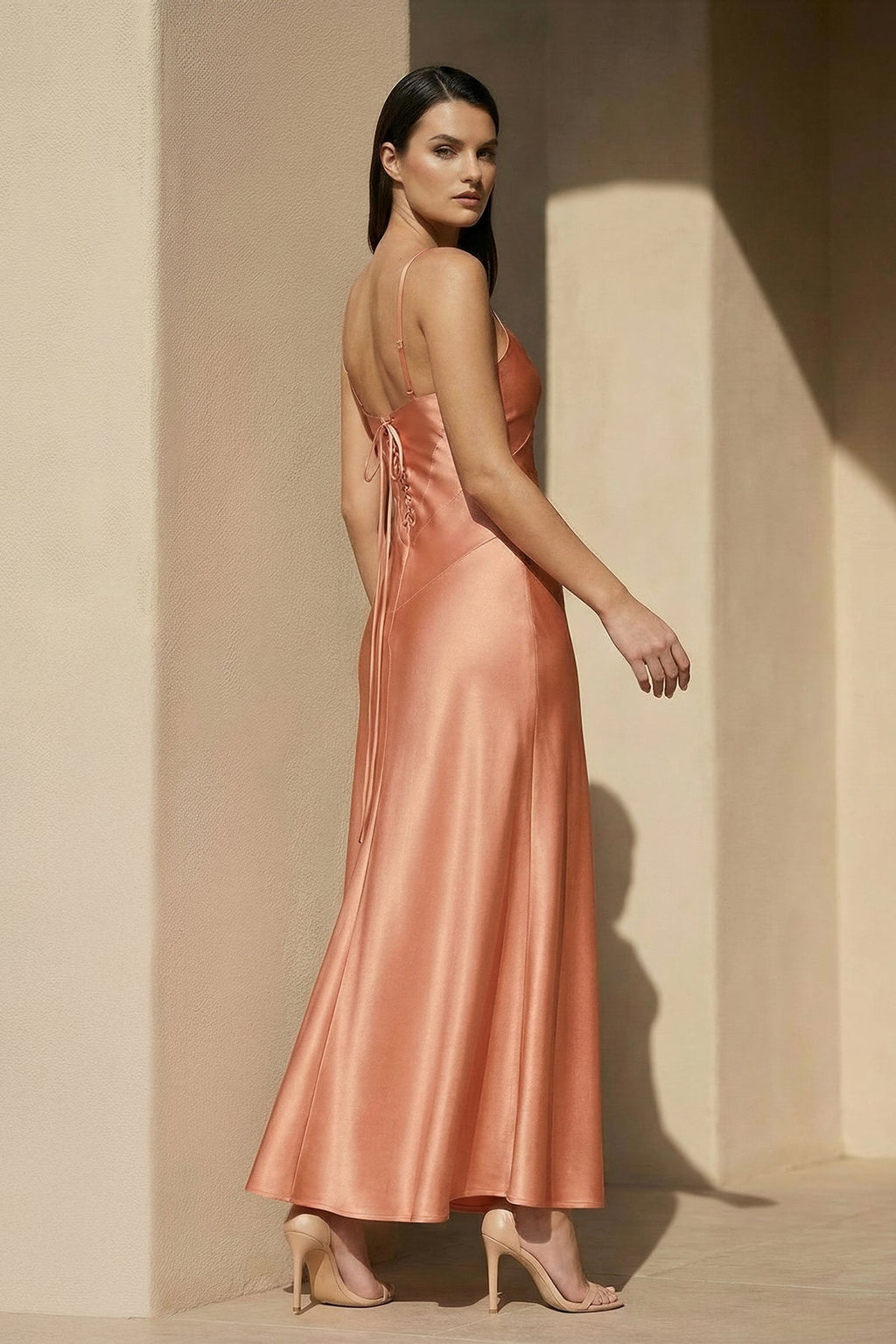 Satin Spaghetti Straps Midi Dress in Coral Pink