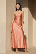 Satin Spaghetti Straps Midi Dress in Coral Pink