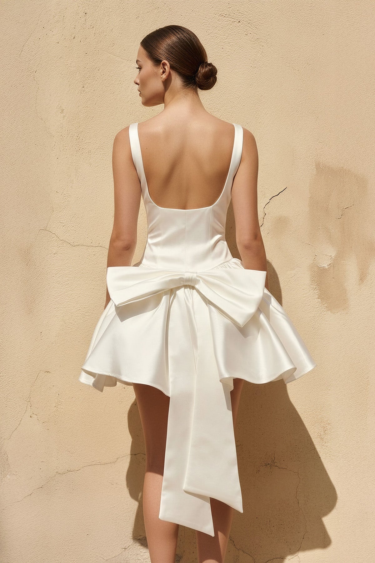 Scoop Neck Bow-Back Mini Dress in Ivory