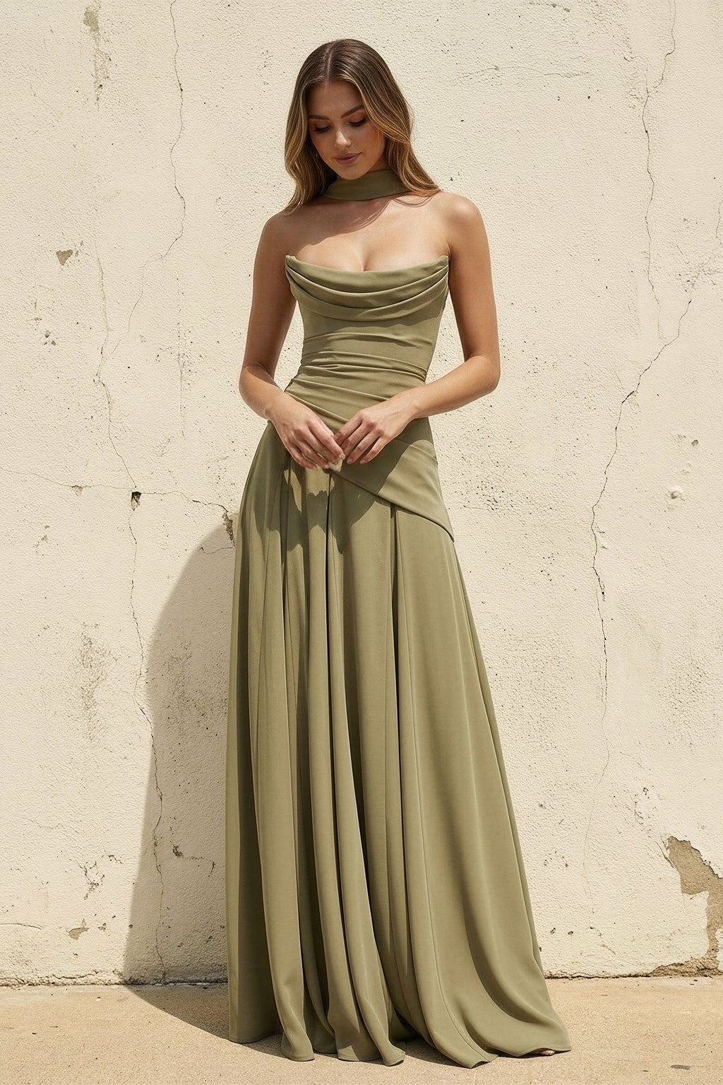 Scoop Neck Corset Gown with Scarf in Olive
