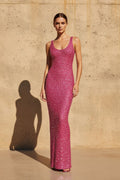 Scoop Neck Sequins Maxi Dress in Fuchsia