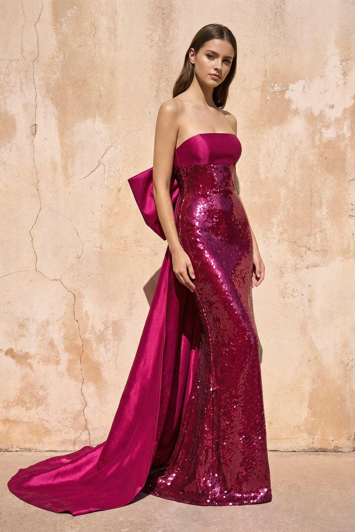 Sequins Mermaid Prom Dress with Bow in Fuchsia