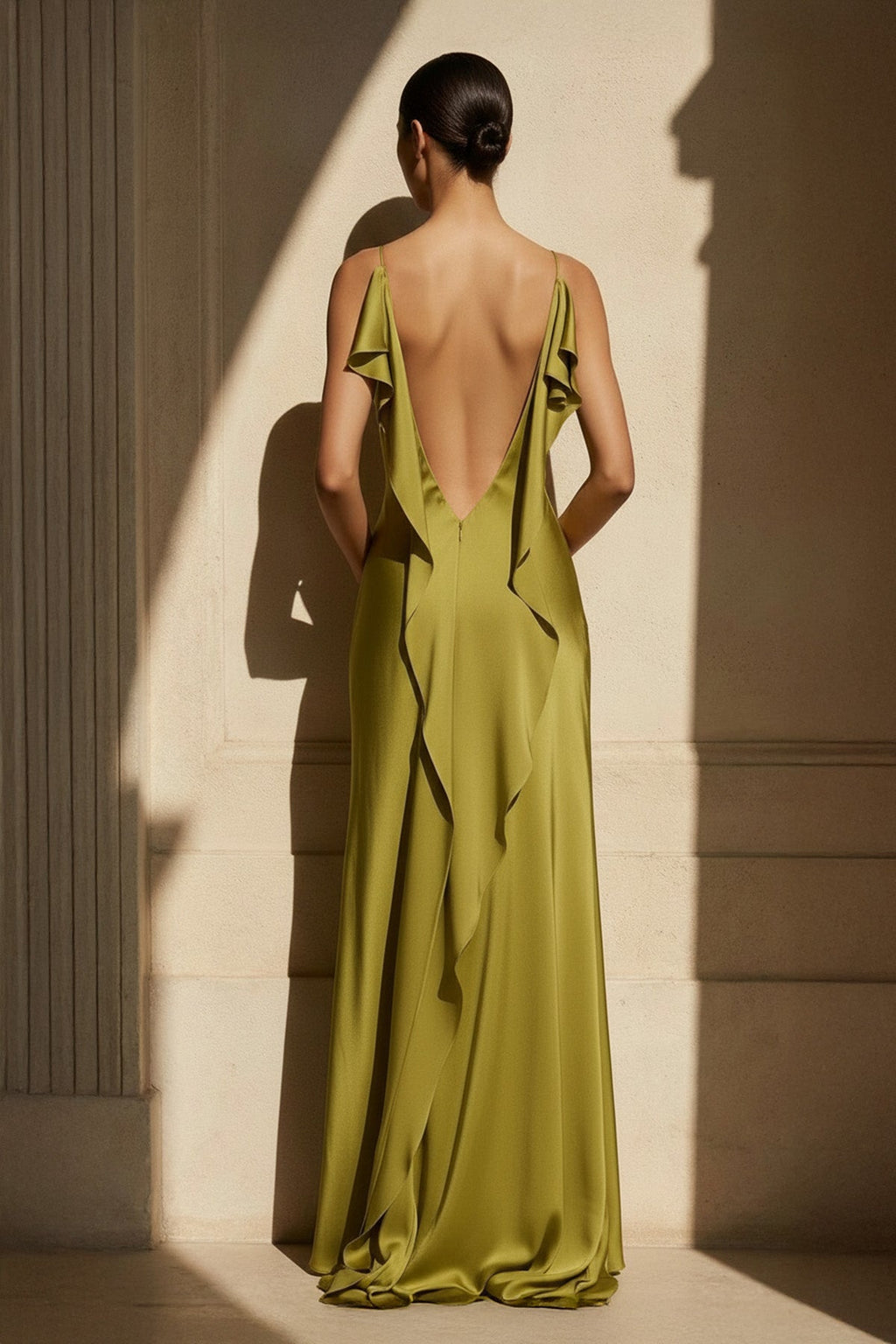 Spaghetti Straps Backless Maxi Dress With Slit in Olive