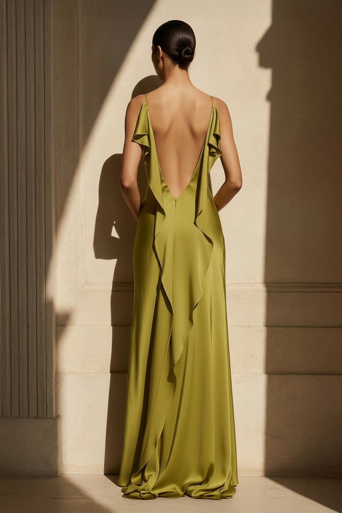 Spaghetti Straps Backless Maxi Dress With Slit in Olive