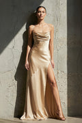 Spaghetti Straps Beaded Gown With Slit in Champagne
