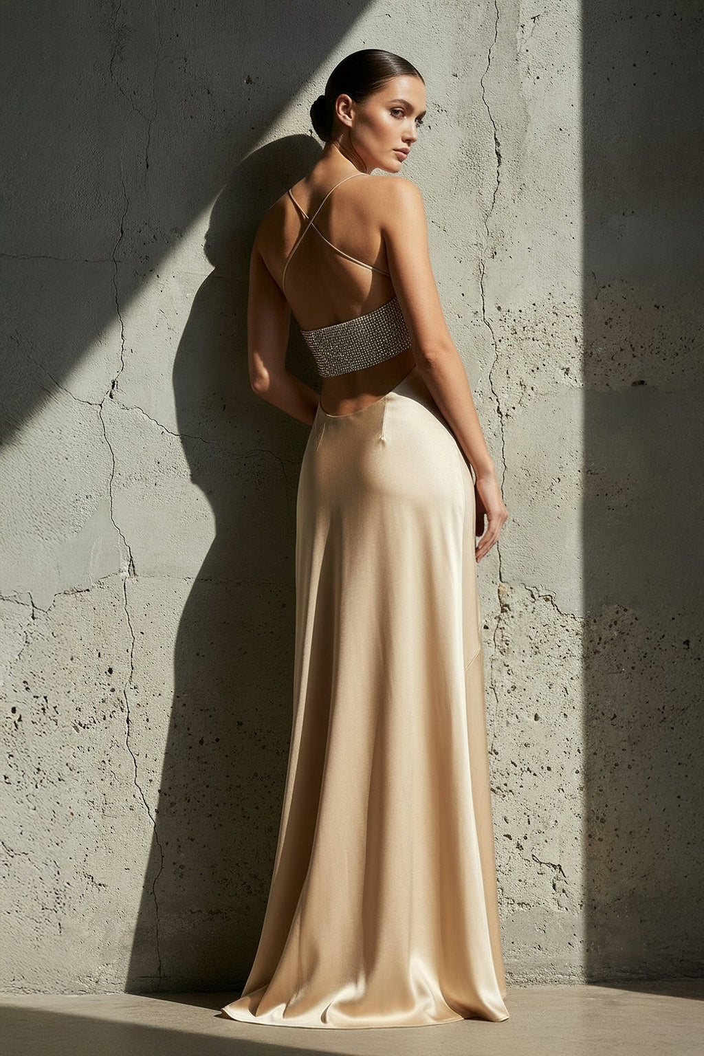 Spaghetti Straps Beaded Gown With Slit in Champagne