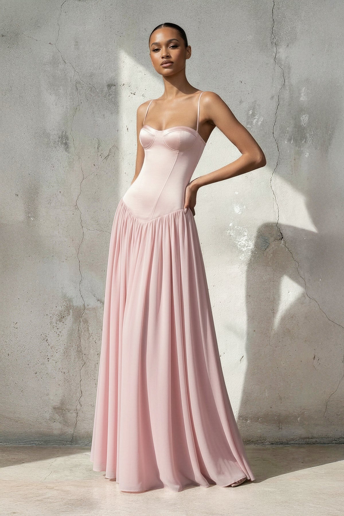 Spaghetti Straps Corset Pleated Maxi Dress in Pink