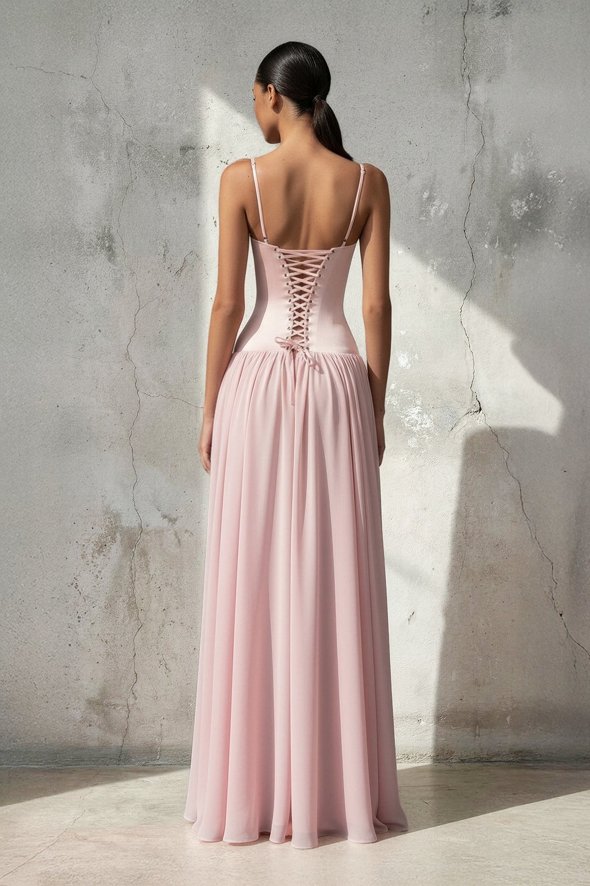 Spaghetti Straps Corset Pleated Maxi Dress in Pink