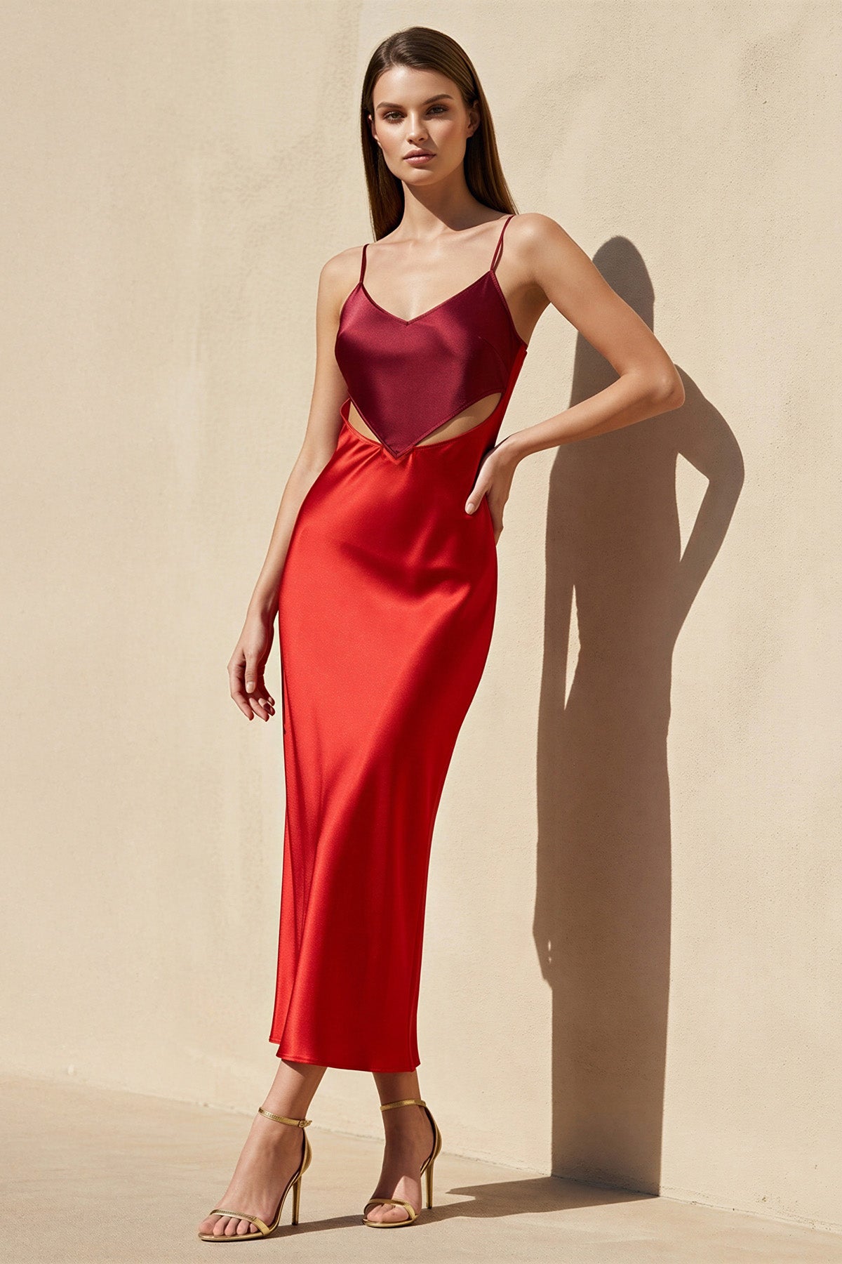 Spaghetti Straps Cutout Midi Dress in Red