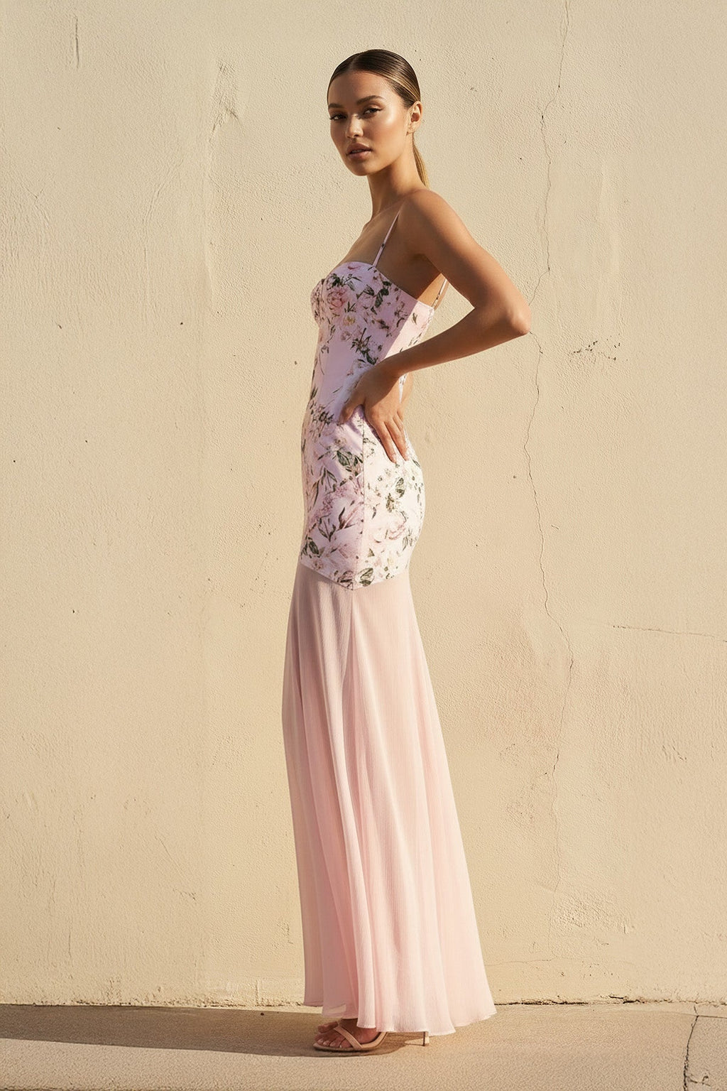 Spaghetti Straps Floral Maxi Dress in Pink