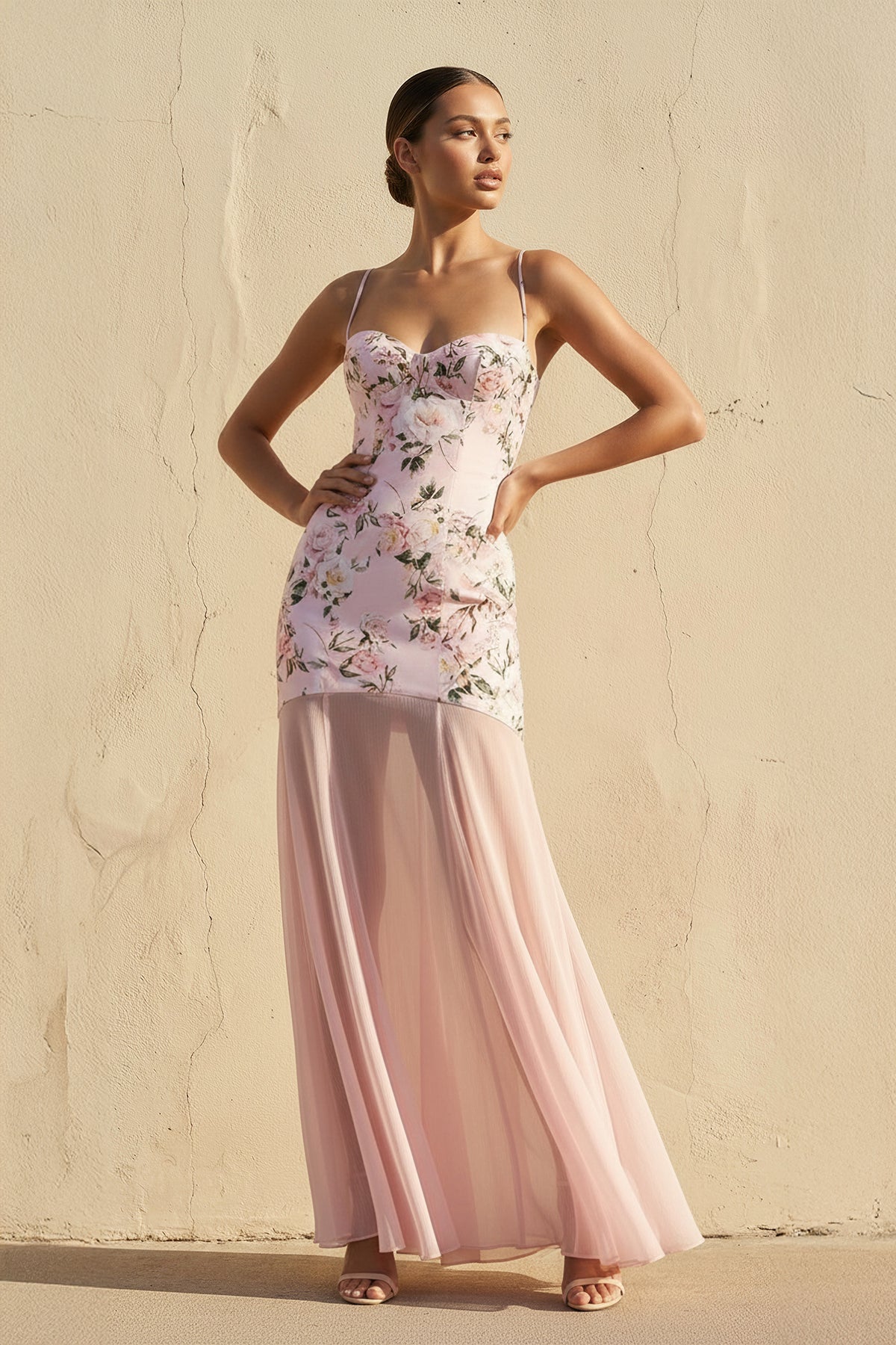 Spaghetti Straps Floral Maxi Dress in Pink