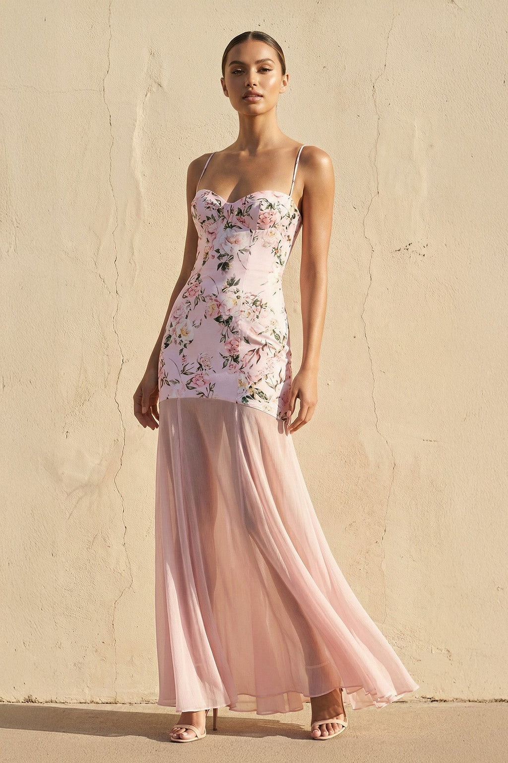 Spaghetti Straps Floral Maxi Dress in Pink