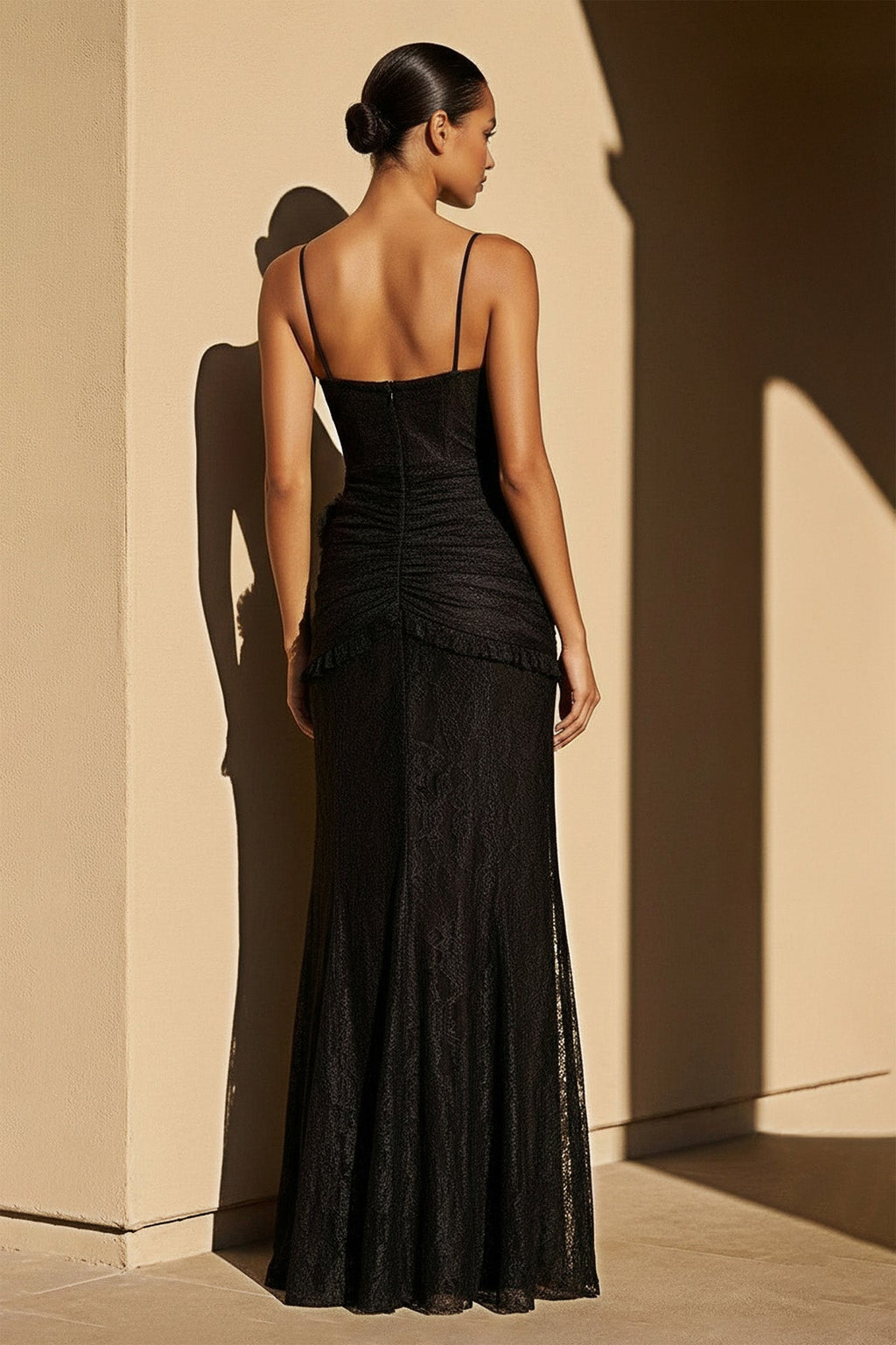 Spaghetti Straps Lace Prom Gown in Black