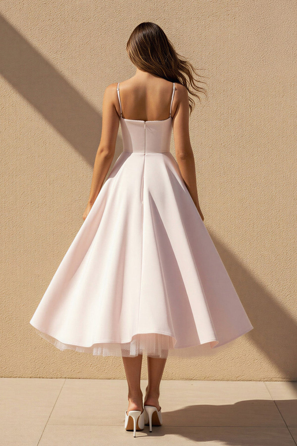 Spaghetti Straps Midi Dress With Lace-Trim in Blush