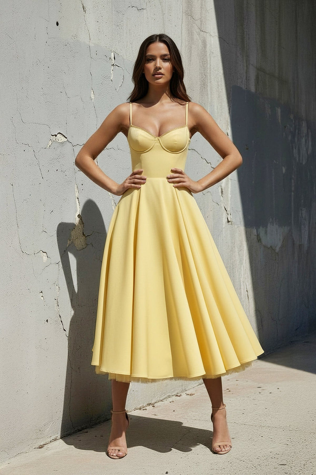 Spaghetti Straps Midi Dress With Lace-Trim in Yellow