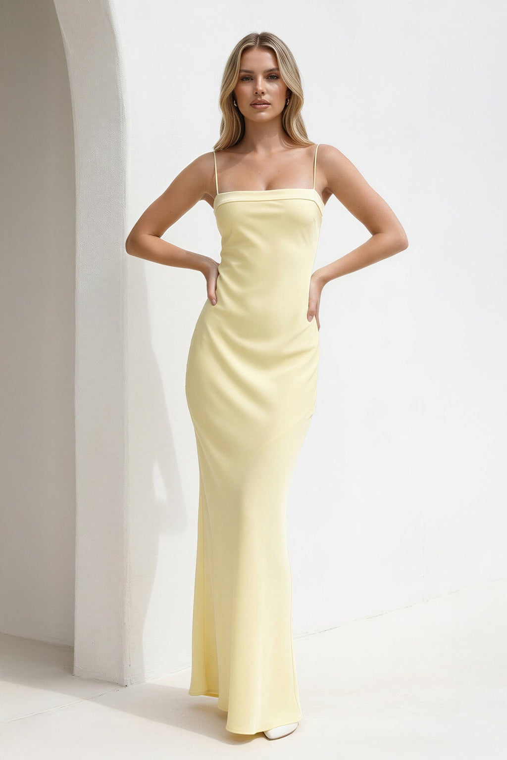 Spaghetti Straps Open Back Maxi Dress in Yellow
