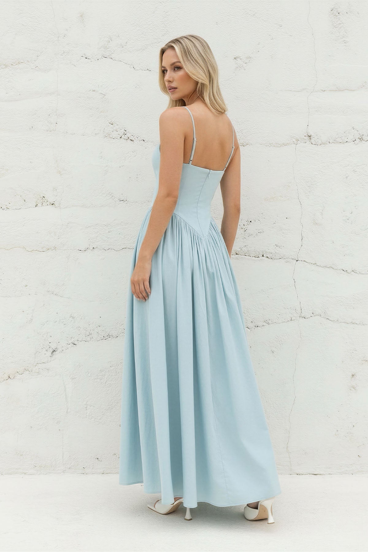 Spaghetti Straps Pleated Maxi Dress in Sky Blue