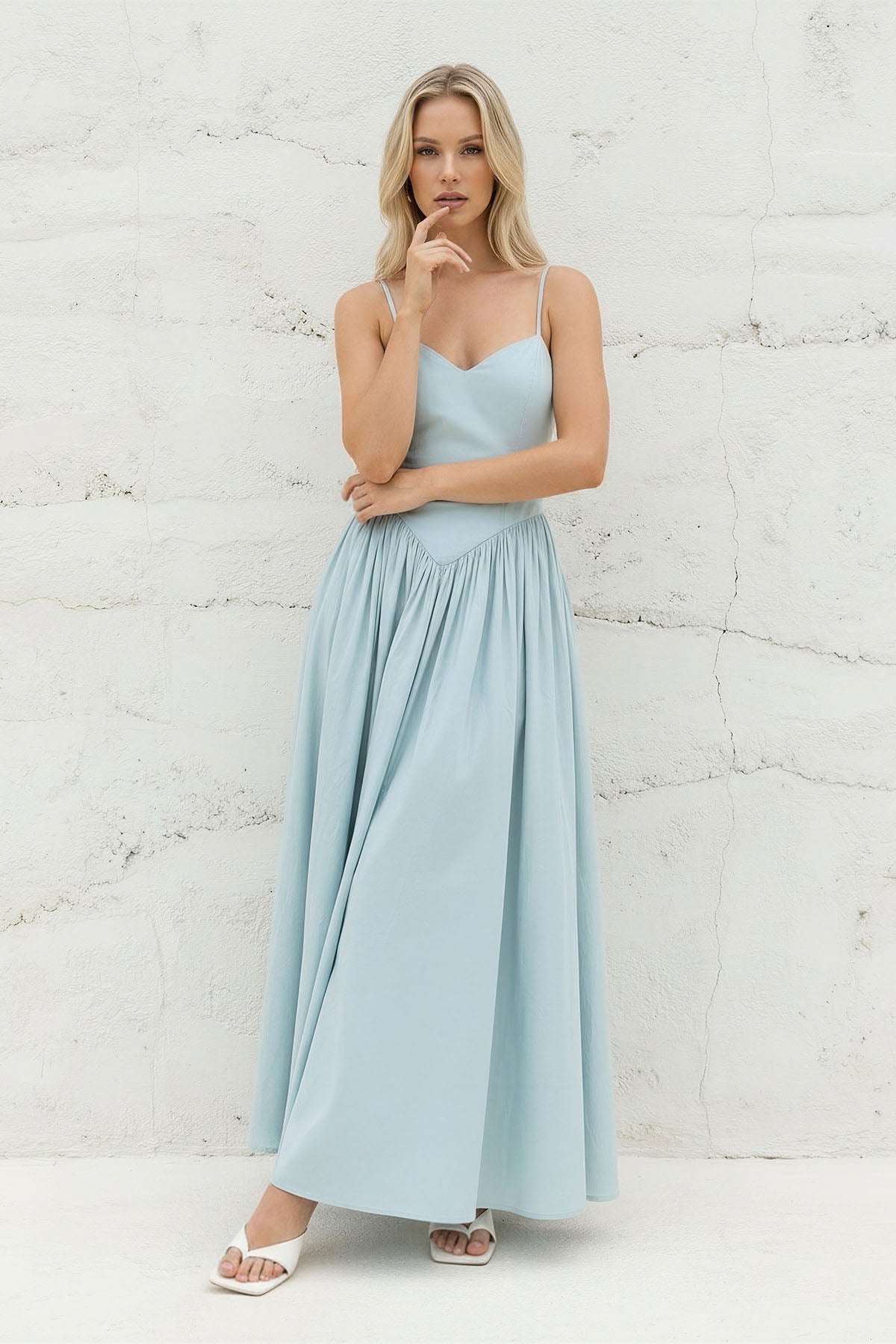 Spaghetti Straps Pleated Maxi Dress in Sky Blue