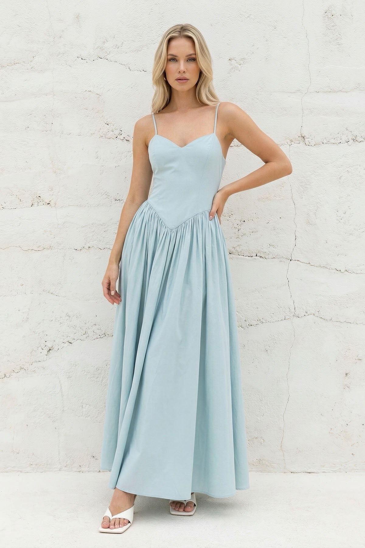 Spaghetti Straps Pleated Maxi Dress in Sky Blue