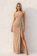 Spaghetti Straps Ruched Maxi Dress With Slit in Champagne