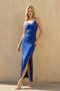 Spaghetti Straps Ruched Midi Dress With Slit in Royal Blue