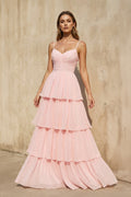 Spaghetti Straps Ruffled Gown in Blush