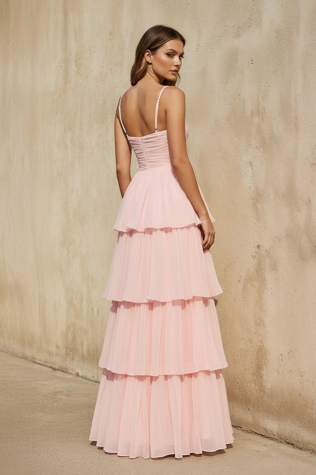Spaghetti Straps Ruffled Gown in Blush