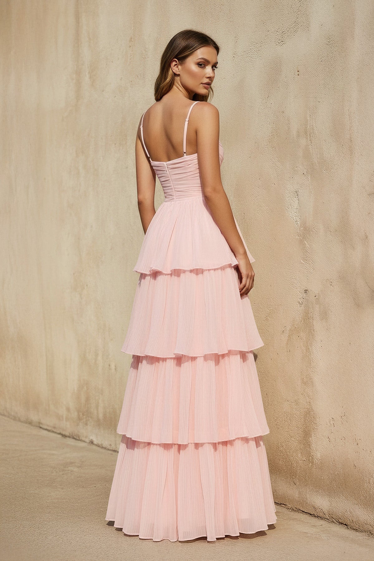 Spaghetti Straps Ruffled Gown in Blush