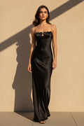 Spaghetti Straps Satin Cutout Maxi Dress in Black